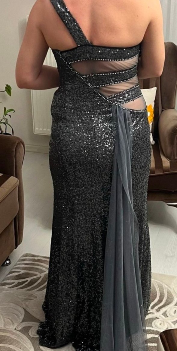 Gri tek omuz Uzun Abiye Elbise - Görsel 3