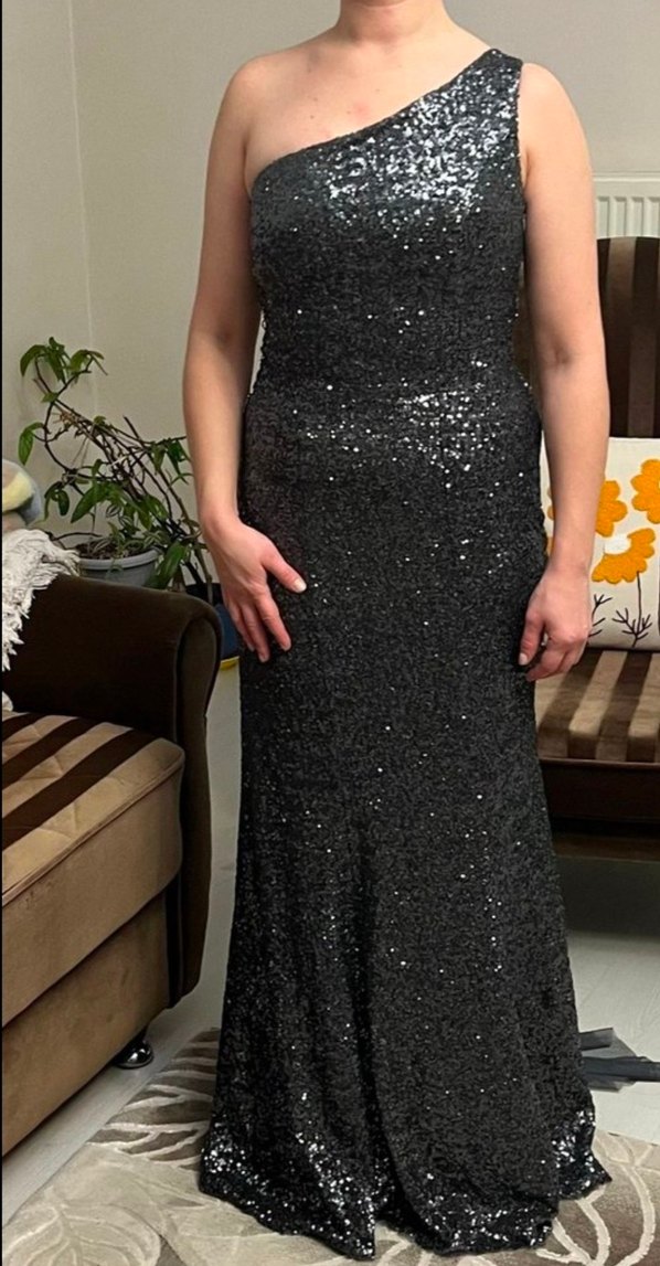 Gri tek omuz Uzun Abiye Elbise - Görsel 2