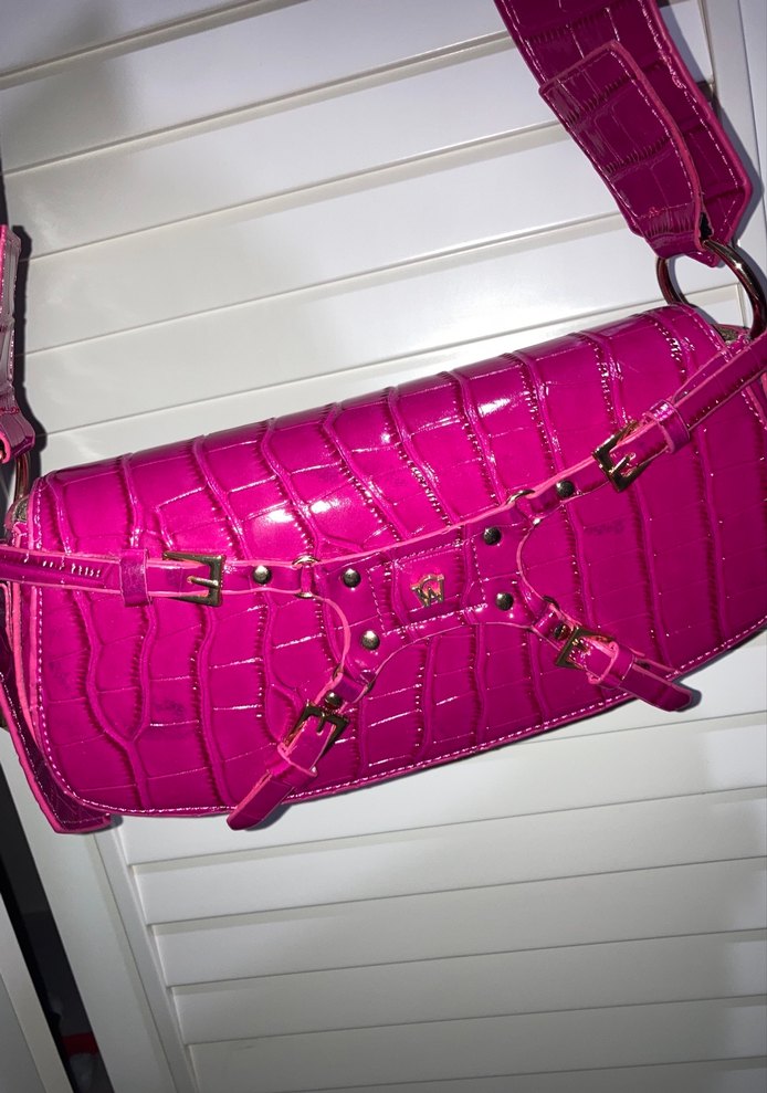 Parlak Pembe Yılan Derisi Desenli Kadın Deri Çanta - Görsel 2