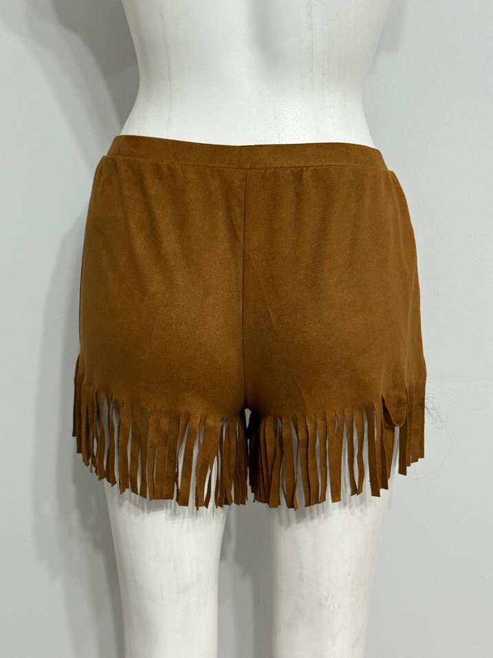 Püsküllü Kahverengi Süet Kadın Şort - Görsel 2