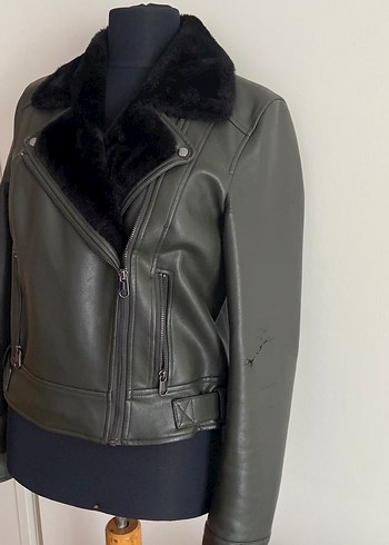 Vero Moda yeşil kürklü deri ceket - Görsel 2