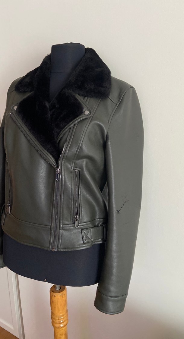 Vero Moda yeşil kürklü deri ceket - Görsel 2