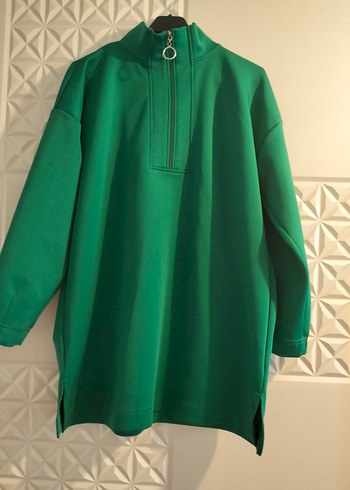 Kadın Uzun Yeşil Yarım Fermuarlı Sweatshirt