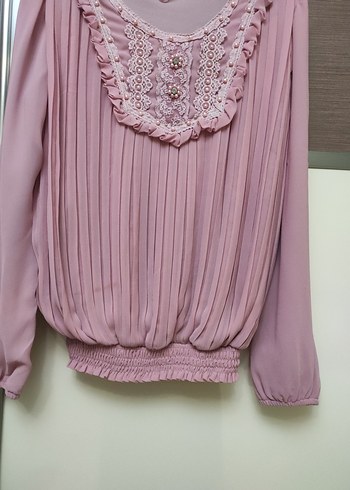 Pembe Piliseli Vintage Kadın Bluz - Görsel 3