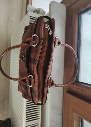 Kahverengi Kareli Deri Kadın Çanta - Görsel 5