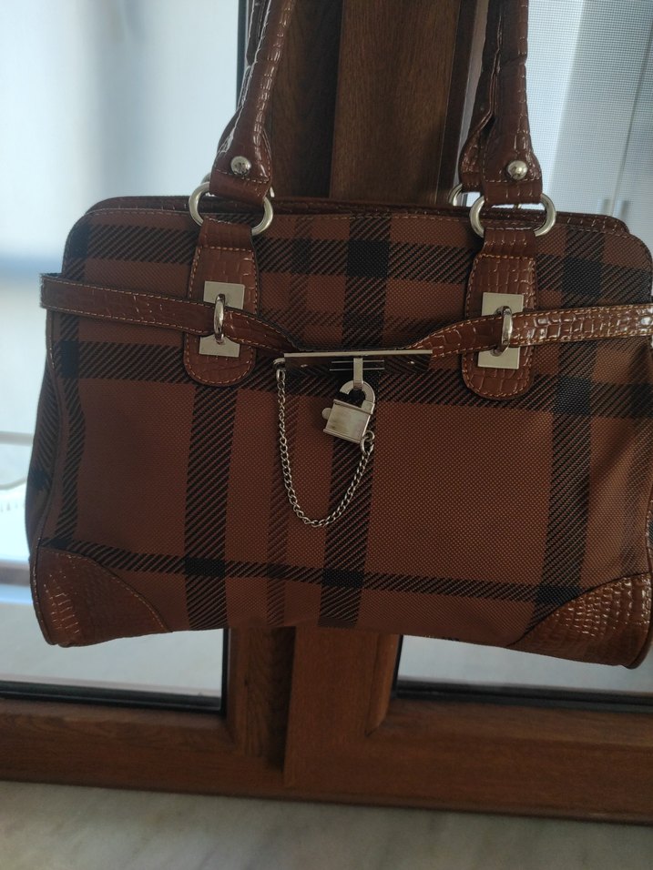 Kahverengi Kareli Deri Kadın Çanta - Görsel 2