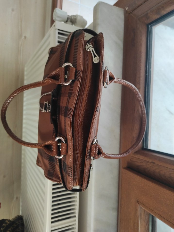 Kahverengi Kareli Deri Kadın Çanta - Görsel 5