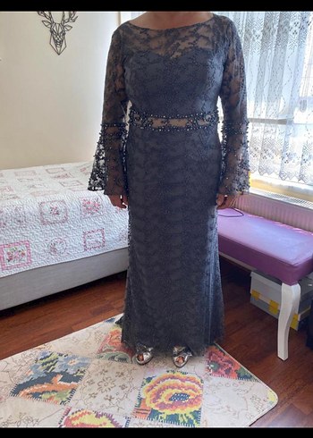 xxl Beden Dantel Detaylı Uzun Siyah Abiye Elbise