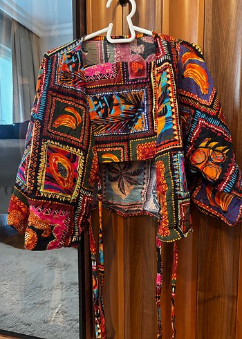 Kadın Çok Renkli Bohem Desenli crop kimono ve şort takım