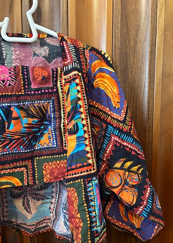 38 Beden Kadın Çok Renkli Bohem Desenli crop kimono ve şort takım