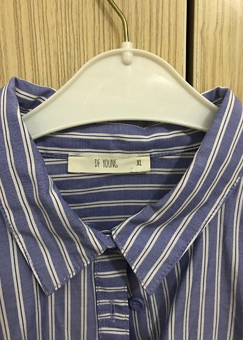 Mavi Çizgili Pamuklu Kadın Gömlek - Görsel 2