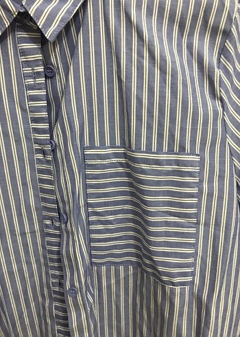 Mavi Çizgili Pamuklu Kadın Gömlek - Görsel 3