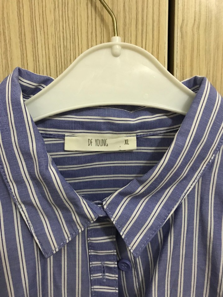 Mavi Çizgili Pamuklu Kadın Gömlek - Görsel 2