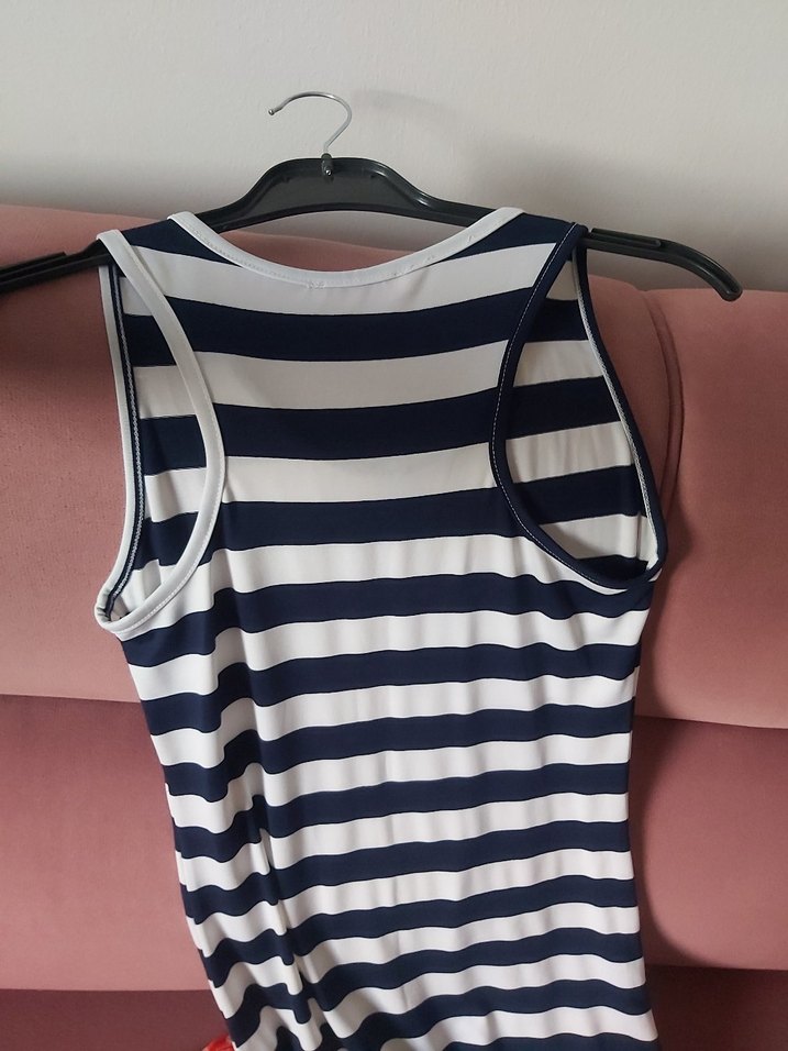 Çizgili, Uzun, Kolsuz Kadın Elbise - Görsel 4