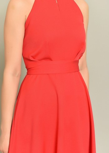 Kırmızı Midi Kolsuz Modern Klasik Elbise - Görsel 5