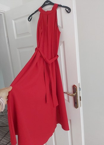 Kırmızı Midi Kolsuz Modern Klasik Elbise - Görsel 8
