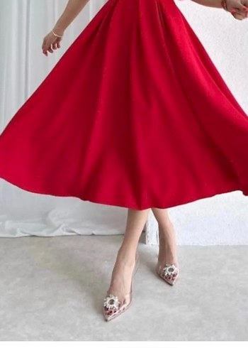 Kırmızı Midi Kolsuz Modern Klasik Elbise - Görsel 7