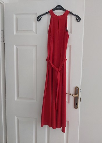 Kırmızı Midi Kolsuz Modern Klasik Elbise - Görsel 9