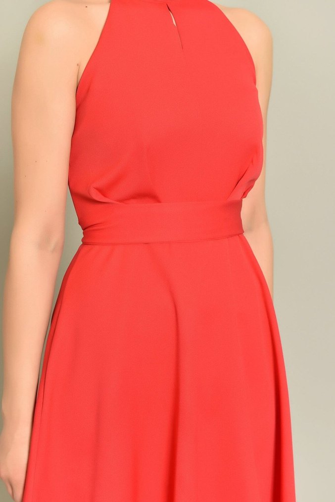Kırmızı Midi Kolsuz Modern Klasik Elbise - Görsel 5