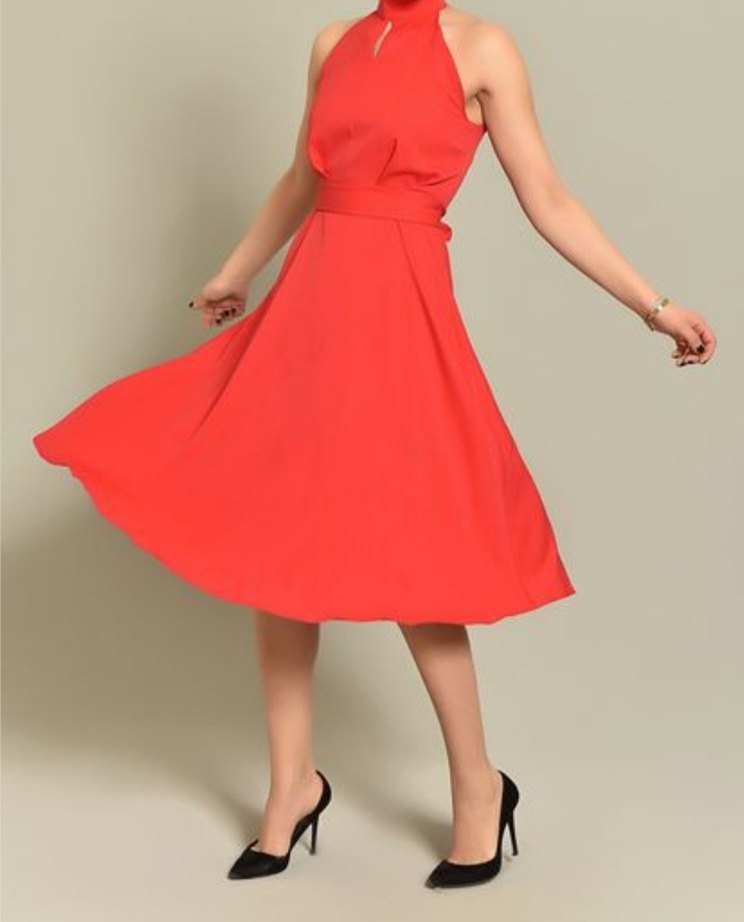 Kırmızı Midi Kolsuz Modern Klasik Elbise - Görsel 3