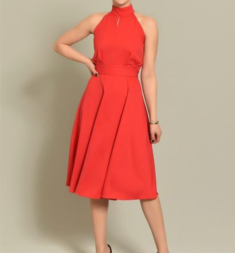 Kırmızı Midi Kolsuz Modern Klasik Elbise - Görsel 2