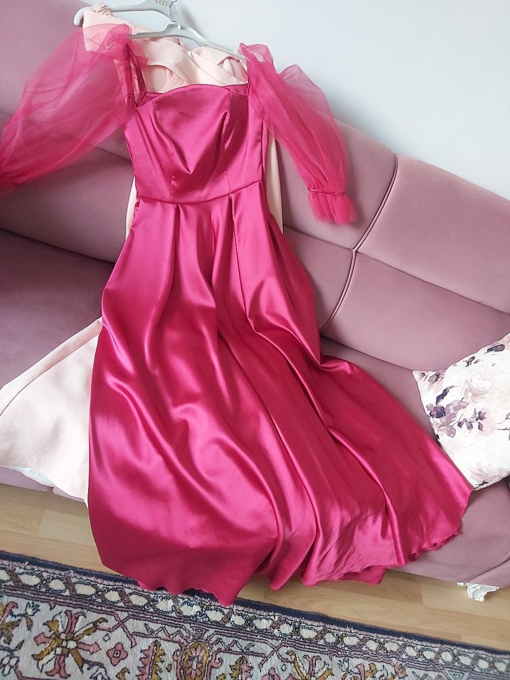 fuşya Uzun Abiye Elbise Tül Kollu - Görsel 5