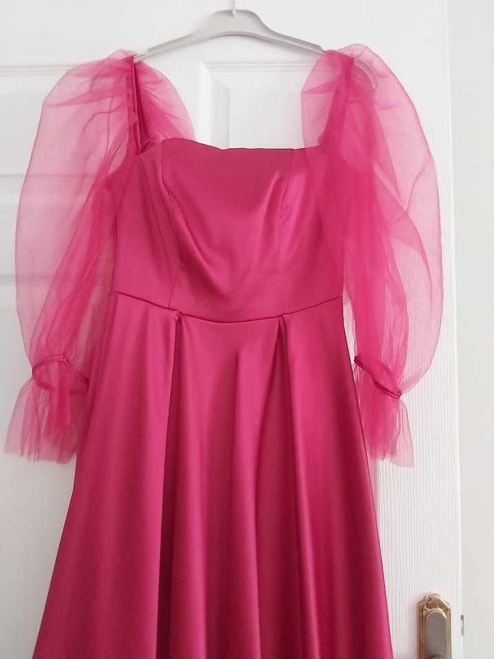 fuşya Uzun Abiye Elbise Tül Kollu - Görsel 2