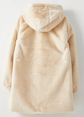 LCW Modest Ekru Kapüşonlu Düz Uzun Kollu Kürklü Kadın Kaban - Görsel 8