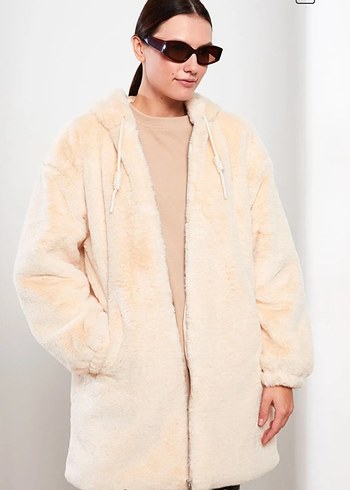 LCW Modest Ekru Kapüşonlu Düz Uzun Kollu Kürklü Kadın Kaban - Görsel 3