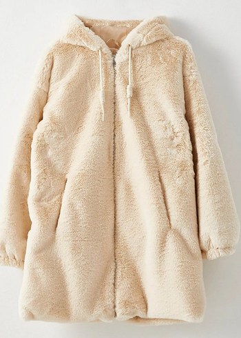 LCW Modest Ekru Kapüşonlu Düz Uzun Kollu Kürklü Kadın Kaban - Görsel 7