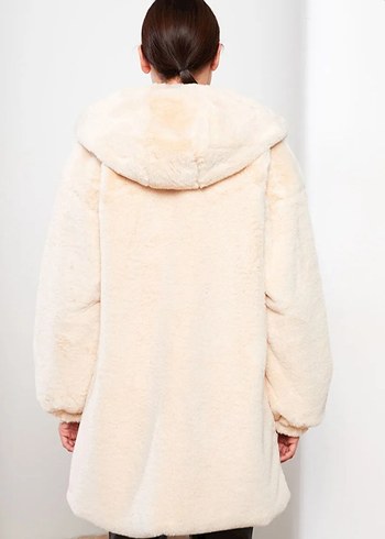 LCW Modest Ekru Kapüşonlu Düz Uzun Kollu Kürklü Kadın Kaban - Görsel 2