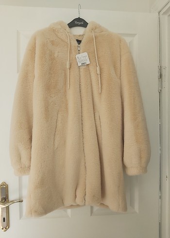 LCW Modest Ekru Kapüşonlu Düz Uzun Kollu Kürklü Kadın Kaban - Görsel 13