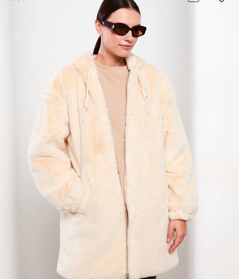 LCW Modest Ekru Kapüşonlu Düz Uzun Kollu Kürklü Kadın Kaban - Görsel 3