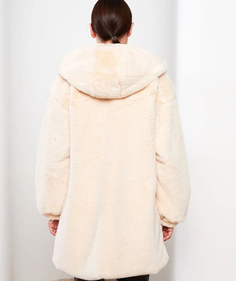 LCW Modest Ekru Kapüşonlu Düz Uzun Kollu Kürklü Kadın Kaban - Görsel 2