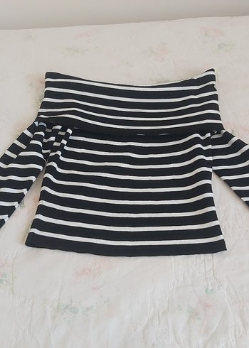 Siyah Beyaz Çizgili Kayık Yaka Bluz - Görsel 11