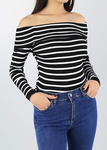 Siyah Beyaz Çizgili Kayık Yaka Bluz - Görsel 6