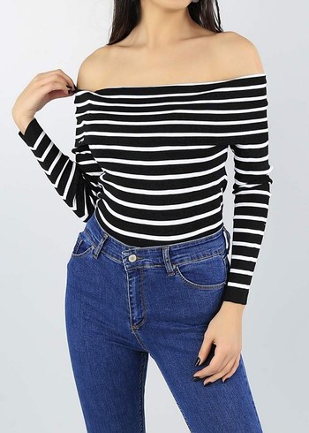 Siyah Beyaz Çizgili Kayık Yaka Bluz - Görsel 7