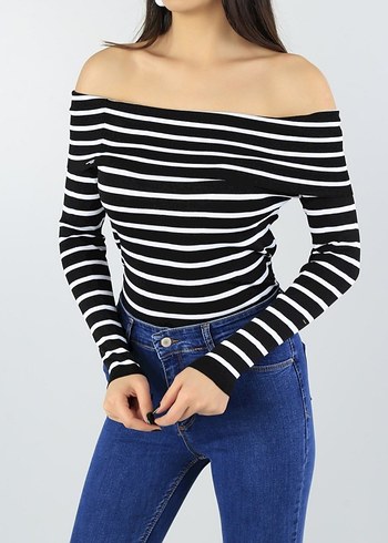 Siyah Beyaz Çizgili Kayık Yaka Bluz - Görsel 5