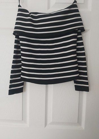 Siyah Beyaz Çizgili Kayık Yaka Bluz - Görsel 10