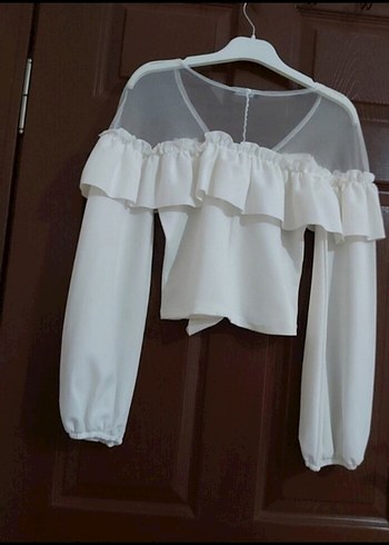 Kırık Beyaz Pamuklu Uzun Kollu tül Bluz - Görsel 6