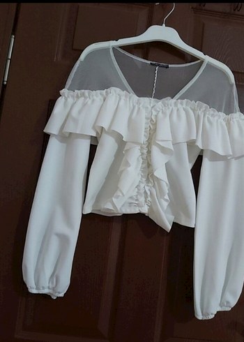 Kırık Beyaz Pamuklu Uzun Kollu tül Bluz - Görsel 5