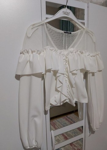 Kırık Beyaz Pamuklu Uzun Kollu tül Bluz - Görsel 3