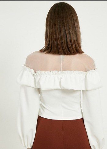 Kırık Beyaz Pamuklu Uzun Kollu tül Bluz - Görsel 2