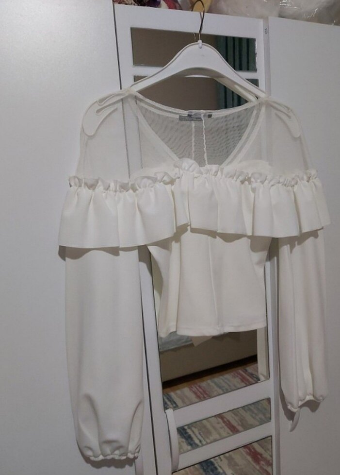 Kırık Beyaz Pamuklu Uzun Kollu tül Bluz - Görsel 4