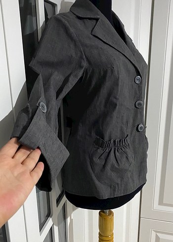 s Beden gri Renk Düğmeli Gri Keten Kadın Blazer Ceket