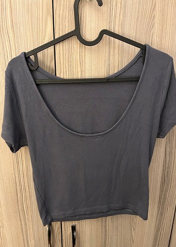 m Beden Kadın Gri Kısa Kollu Crop Top Sirt Dekolteli