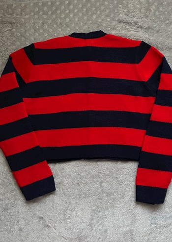 Kırmızı Lacivert Çizgili Kadın Triko Hırka - Görsel 8