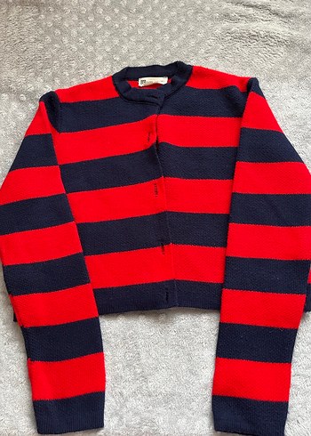 Kırmızı Lacivert Çizgili Kadın Triko Hırka - Görsel 2