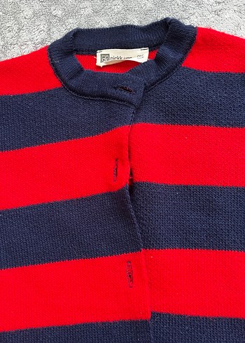 Kırmızı Lacivert Çizgili Kadın Triko Hırka - Görsel 3