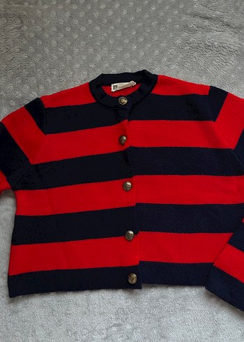 Kırmızı Lacivert Çizgili Kadın Triko Hırka - Görsel 7